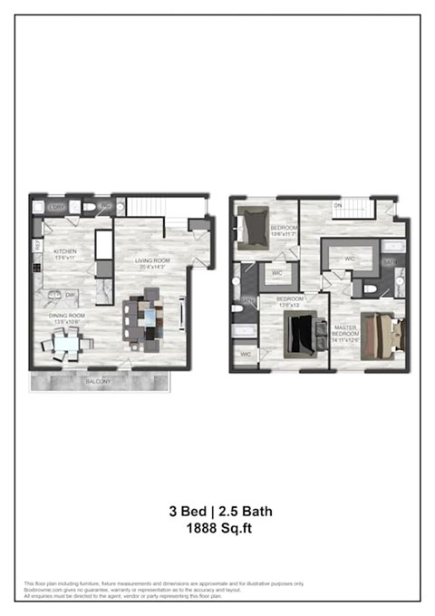 Floor plan for 3 beds, 2.5 baths, 1888 sqft